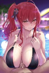 1boy 1girls 2022 ahoge azur_lane blush breasts censored censored_penis cleavage cum cum_between_breasts female gold_eyes hair_ornament hi_res huge_breasts male medium_hair mosaic_censoring paizuri pool poolside red_hair satou_aji side_ponytail smile titjob titjob very_high_resolution water wet zara_(azur_lane) zara_(poolside_coincidence)_(azur_lane)