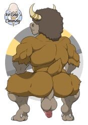 1ceberg absurd_res afro anthro ass balls bara big_balls big_butt bouffalant bovid crouching erection genitals hi_res horn horn_jewelry male mammal muscular muscular_male nintendo nude piercing pokémon_(species) pokemon raised_tail rear_view solo video_games