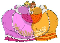 2girls dress fully_clothed hyper_pregnancy implied_yuri kiss_mark kiss_mark_on_face mario_(series) nintendo pink_dress pregnant princess_daisy princess_peach soft-circles tagme yellow_dress