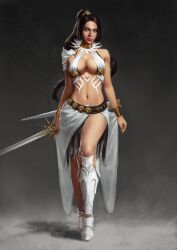 blue_eyes bocas_top bodypaint boots brown_hair cleavage fantasy fit_female holding_weapon jewelry large_breasts long_hair original original_character sonnizzleart sword unconvincing_armor