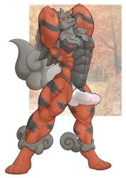 1boy 2022 abs alpha_pokémon anthro anthrofied arcanine bara big_bulge big_muscles blep bodily_fluids bulge clothed clothing erection erection_under_clothing fur gay genital_fluids genital_outline genitals hands_behind_head hi_res hisuian_arcanine huge_muscles jockstrap looking_at_viewer male male_only mane muscular muscular_anthro muscular_male navel nintendo nipples obliques pecs penis penis_outline pokemon pokemon_(species) pokemon_legends:_arceus precum precum_through_clothing precum_through_jockstrap precum_through_underwear regional_form_(pokémon) simple_background smile solard0gg0 solo standing tenting tongue tongue_out tuft underwear video_games wet wet_clothing