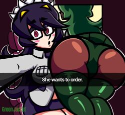 2girls ass big_ass dark-skinned_female dark_skin eyeshadow female female_only filia_(skullgirls) fukua_(skullgirls) green_hair green_jacket_(artist) he_wants_to_order light-skinned_female light_skin meme multiple_girls panties purple_hair red_eyes samson_(skullgirls) school_uniform schoolgirl selfie shamone_(skullgirls) skirt skirt_up skullgirls surprised thick_ass thick_thighs