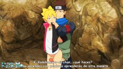 2boys arm_grab arms_behind_back big_penis boruto:_naruto_next_generations bottomless bottomless_male brown_hair commentary dialogue duo duo_focus gay grabbing grabbing_from_behind grin jacket larger_male male_only micropenis multiple_boys multiple_males naruto naruto_(series) necklace older_male onoro_nyo open_mouth outercourse penis penis_between_legs penis_rub penis_size_difference petite restrained rubbing rubbing_penis sarutobi_konohamaru shirt short_hair sleeves_rolled_up small_penis smaller_male smirking spanish_text standing standing_sex sumata taller_male teacher_and_student text thigh_sex tiny_penis twink uzumaki_boruto vest yaoi yellow_hair younger_male