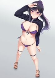 bikini black_hair blush breasts cleavage closed_mouth commission female female from_above grey_background hand_up kauru00 large_breasts long_hair looking_at_viewer looking_up navel original ponytail purple_bikini purple_eyes sandals shrug_(clothing) simple_background solo stomach striped striped_bikini swimsuit thigh_strap