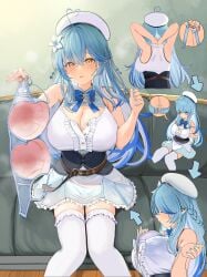 >_< 1girls 2022 absurd_res ahoge armpits arms_behind_back arrow back bare_arms bare_shoulders belt beret blue_bra blue_hair blue_nails bow bowtie bra bra_removed bra_tag braid breasts center_frills cleavage clothed clothing corset couch elf female female_only flower french_braid frills hair_between_eyes hair_flower hair_ornament hands_behind_back hat heart heart_ahoge hi_res highres holding_bra hololive hololive_gen_5 hololive_japan huge_breasts indoors jewelry knees_together_feet_apart long_ears long_hair looking_at_viewer miniskirt multiple_views nail_polish no_bra offering on_couch open_mouth pointy_ears removing_bra removing_bra_under_shirt ribbon shirt sitting skindentation skirt sleeveless sleeveless_shirt slq smell smile solo stained_bra stained_clothes step_by_step sumida_bunchou sweat sweat_stain sweating sweaty_bra sweaty_breasts tag thighhighs thighs tied_hair tongue underwear unhooked_bra virtual_youtuber w_arms white_clothing white_flower yellow_eyes yukihana_lamy zettai_ryouiki