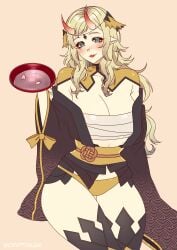 1girls alcohol alternate_costume bare_thighs blonde_hair breasts cleavage cryptid_crab drink female female_only fire_emblem fire_emblem_fates grey_eyes huge_breasts looking_at_viewer monster_girl nintendo oni ophelia_(fire_emblem) panties pointy_ears sitting smile solo thick_thighs thighs yellow_panties