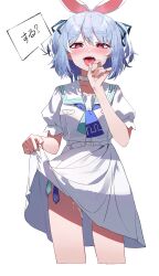 absurdres bangs blue_hair blue_neckerchief blue_ribbon bunny-shaped_pupils choker condom condom_belt cum cum_on_legs dress eyebrows_visible_through_hair fellatio_gesture female hair_ribbon highres hololive hololive_fantasy hololive_japan korogoro_(mago0057) looking_at_viewer multicolored_hair neckerchief open_mouth red_eyes ribbon sailor_collar short_hair short_sleeves simple_background skirt_hold solo speech_bubble streaked_hair symbol-shaped_pupils thick_eyebrows tongue tongue_out translation_request two_side_up usada_pekora used_condom virtual_youtuber white_background white_choker white_dress white_hair white_sailor_collar