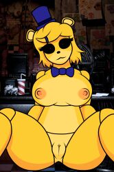 animatronic bear bear_ears bear_girl big_breasts black_eyes bowtie breasts five_nights_at_freddy's fnaf golden_freddy golden_freddy_(fnaf) hat nipples no_humans presenting presenting_pussy pussy robot robot_girl sitting smile smiling smiling_at_viewer spread_legs vagina yellow_body yellow_fur yellow_hair zaftero_(artist)