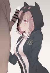 danganronpa danganronpa_2:_goodbye_despair dress_shirt ejaculation eyebrows_visible_through_hair facial female from_side gon_(congchuabuoito) hair_ornament highres hood hood_up jacket large_breasts looking_at_another nanami_chiaki neck_ribbon open_clothes open_jacket penis pink_ribbon ribbon shirt straight_hair white_shirt