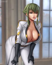 1girls artist_logo big_breasts black_gloves blue_eyes breasts cleavage clothed code_geass curvy detailed_background female female_only flowerxl green_eyebrows green_hair hands_on_thighs huge_breasts light-skinned_female nonette_enneagram pink_lipstick short_hair showing_breasts solo white_clothing wide_hips widescreen