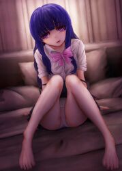 07th_expansion 1girls barefoot bed bedroom bedroom_eyes blue_hair eiffingeri furude_rika highres higurashi_no_naku_koro_ni long_hair pantyshot pillow purple_eyes pussy_outline school_uniform schoolgirl sitting_on_bed skirt solo solo_female white_panties white_shirt young