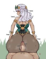 1boy 1girls ass buttjob censored censored_penis erection fat_man female gigantic_ass grinding huge_ass league_of_legends licking_lips looking_back male male/female male_pov penis pipi_(artist) pov qiyana_yunalai text white_hair