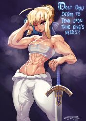 1futa abs absurd_res artoria_pendragon ball_bulge balls bandages bandages_around_chest big_balls big_breasts big_penis blonde_hair breasts chest_wraps clothed clothing dialogue drying english_text fate/grand_order fate/stay_night fate_(series) futa_only futanari gattles green_eyes heart-shaped_pupils human light-skinned_futanari light_skin looking_at_viewer mostly_clothed muscles muscular muscular_futanari narrowed_eyes one_eye_closed penis penis_bulge precum precum_through_clothing saber solo solo_futa standing steam sword talking_to_viewer text tied_hair towel