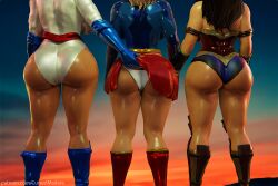 3d 3d_(artwork) 3girls armband ass ass_cleavage ass_to_ass asses_row back_view backside big_ass big_butt black_hair blonde_hair bubble_ass bubble_butt butt_crack cursedmadara curvy dat_ass dc dc_comics fantasy fat_ass fat_butt female female_only females females_only from_behind gauntlets hat huge_ass large_ass large_butt leotard olive_skin outdoors panties power_girl realistic rear_view sci-fi science_fiction scifi short_hair skirt_lift standing sunset supergirl superman_(series) thick_ass thick_thighs top_hat upskirt wide_hips wonder_woman wonder_woman_(series)