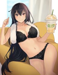 1girls bangs bare_arms bare_legs black_bra black_hair black_panties blush bra breasts brown_eyes cleavage closed_mouth collarbone drink drinking_straw eyebrows_visible_through_hair female female_focus female_only groin hair_between_eyes happy holding holding_drink kantai_collection kasumi_(skchkko) lace lace_bra lace_panties large_breasts long_hair looking_at_viewer nagato_(kantai_collection) navel smile smiling_at_viewer solo solo_female solo_focus towel towel_around_neck underwear very_long_hair