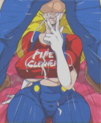 1boy 1girls backsack big_breasts blonde_hair breasts breasts_between_suspenders c-smut-run clothes_writing clothing crop_top csmutrun cum cum_in_mouth deepthroat english_text face_fucking fellatio female female_focus gloves jeans large_breasts long_hair male mario mario_(cosplay) mario_(series) nipple_bulge open_mouth oral pants penis princess_peach sitting suspenders testicles text tight_clothing tongue tongue_out underboob unseen_male_face v_sign wide_hips