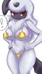 absol anthro areola bikini breasts clothing ehada female fur genitals hand_on_hip hi_res nintendo pokémon_(species) pokemon pokemon_(species) pubes pussy solo swimwear video_games white_body white_fur