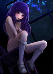 07th_expansion 1girls blue_hair blush breasts classroom eiffingeri furude_rika highres higurashi_no_naku_koro_ni lights_off long_hair night nude purple_eyes shoes sitting_on_chair small_breasts socks solo solo_female window young