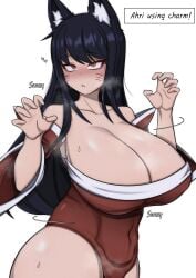 1girls ahri animal_ears ass blush breasts cleavage clothing female female_only fully_clothed gigantic_breasts huge_breasts kemonomimi league_of_legends looking_at_viewer pipi_(artist) solo solo_female steam sweat text thighs