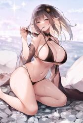 1girls beach bikini blush breasts brown_hair cleavage detached_sleeves elf eyewear_removed female highres huge_breasts long_hair looking_at_viewer navel original outdoors pointy_ears solo sora_72-iro stomach sunglasses sunglasses_removed swimsuit wet yellow_eyes