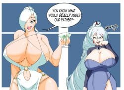 2d 2girls alternate_breast_size beverage big_breasts blue_eyes breasts breasts_bigger_than_head cleavage dress english_text female female_only ghostnerdy gigantic_breasts glass glass_cup huge_breasts imminent_sex large_breasts long_hair mature_female multiple_girls open_mouth rwby seductive sexually_suggestive sisters smile suggestive teeth text weiss_schnee white_hair wine wine_glass winter_schnee