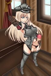 1futa anchor balls big_breasts big_penis bismarck_(kantai_collection) black_panties blonde_hair blue_eyes bottomless breasts brown_gloves censor_bar censored censored_penis closed_mouth clothed clothing curtains desk detached_collar detached_sleeves detailed_background erection futa_only futaitai futanari gloves grey_clothing grey_legwear hat heil_hitler hitler_salute human humanoid_penis indoors kantai_collection light-skinned_futanari light_skin long_hair low-angle_view masturbation military military_hat military_uniform pale_skin panties partially_clothed peaked_cap penis penis_out salute shiny_skin sideboob solo solo_female solo_futa standing thighhighs window