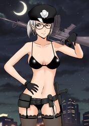 bikini blue_eyes brittany_angel cop duty_belt earrings glasses gloves grand_theft_auto grand_theft_auto_v gun lingerie nopixel outdoors policewoman ponytail solo solo_female tagme_(artist) thick_thighs white_hair