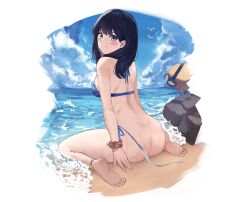 anklet arigiep ass azur_lane barefoot beach bikini bird black_hair blue_bikini blue_eyes breasts feet female female from_behind gridman_universe highres jewelry looking_back manjuu_(azur_lane) medium_breasts ocean scrunchie sitting smile soles ssss.gridman swimsuit takarada_rikka toes untied untied_bikini wariza wrist_scrunchie