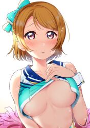 aqua_bow areola_slip areolae bangs bare_shoulders berisuno_(beriberi0707) blush bow braid breasts breasts_apart brown_hair cheerleader clothes_lift collarbone commentary_request eyebrows_visible_through_hair female gradient gradient_background hair_ribbon hairbow highres koizumi_hanayo lifted_by_self looking_at_viewer love_live! love_live!_school_idol_project medium_breasts navel no_bra parted_lips purple_eyes ribbon sailor_collar shirt_lift short_hair simple_background sleeveless solo sparkle sweat underboob upper_body white_background wrist_cuffs