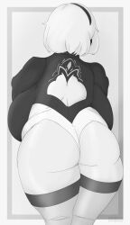 1girls ass big_ass big_breasts breasts breasts_bigger_than_head chubby female female_only huge_breasts light-skinned_female light_skin monochrome nier nier:_automata rear_view solo solo_female standing thick_thighs thighhighs white_hair yorha_2b yummygoods