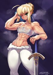 1girls abs absurd_res artoria_pendragon bandages bandages_around_chest blonde_hair chest_wraps drying fate/grand_order fate/stay_night fate_(series) female female_only gattles green_eyes looking_at_viewer muscles muscular muscular_female narrowed_eyes one_eye_closed solo solo_female steam sweat sword tied_hair toned toned_female towel