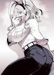 anthro bent_over big_ass big_breasts black_and_white blonde_hair blue_eyes female female_only furry hand_on_mouth ippan_josei mutant_lady_(my_hero_academia) my_hero_academia seductive_look shirt takatsuki_ichi tight_pants