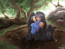 black_hair blush breasts clothing dark-skinned_female dark_skin female forest forest_background freewolfsvoreinstit grass green_eyes hi_res long_hair open_mouth playing solo solo_female solo_focus sticky stuck swimsuit tar tar_pit trees