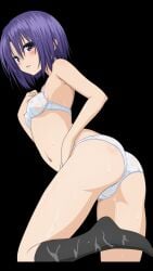 black_background blush breasts hand_on_chest hand_on_hip leg_up looking_at_viewer looking_back purple_eyes purple_hair sairenji_haruna see-through see-through_bra see-through_panties socks sweat tagme to_love-ru underwear yabuki_kentarou