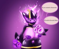 2022 banette big_breasts breasts callista_(reapcreates831) clothing crotchless_clothing dialogue english_text ethereal_hair exposed_breasts female genitals glowing glowing_body glowing_skin hi_res huge_breasts humanoid nintendo nipples not_furry pokémon_(species) pokemon purple_background purple_body purple_eyes purple_skin pussy reapcreates831 roserade rubber rubber_clothing rubber_suit shapeshifting simple_background solo text video_games zipper zipper_mouth