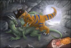 1boy 1girl1boy 1girls anthro bandai_namco ceratosaur ceratosaurid ceratosaurus digimon digimon_(species) dinosaur dragon duo female female_penetrated feral greymon hi_res male male/female male_penetrating male_penetrating_female nyashia reptile scalie straight theropod