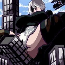 1girls big_breasts blindfold breasts city clothing female giantess hoodedgrimpy huge_breasts light-skinned_female light_skin macro nier nier:_automata thick_thighs thighhighs white_hair yorha_2b