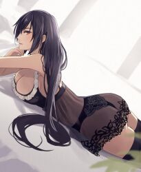 1girls ass bed bed_sheet black_bra black_hair black_legwear black_panties black_thighhighs blush bra cleavage female female_focus female_only hair_over_one_eye kantai_collection kasumi_(skchkko) lingerie long_hair looking_at_viewer lying lying_on_bed lying_on_stomach nagato_(kantai_collection) negligee nightgown panties parted_lips plain_background plant red_eyes see-through_clothing shiny_hair solo solo_female solo_focus the_pose thighhighs underwear very_long_hair white_background