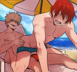 2boys alek_reyes beach blonde_hair blurry commentary depth_of_field eijirou_kirishima english_commentary highres imminent_anal imminent_penetration katsuki_bakugou male_focus male_on_male male_only multiple_boys multiple_penises my_hero_academia nipples open_mouth penis red_eyes saliva sharp_teeth spiked_hair spiky_hair sweat swimsuit teeth toned toned_male umbrella undressing undressing_another yaoi