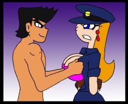 1boy 1girls blue_eyes bra breasts candace_flynn ferozyraptor orange_hair original_character phineas_and_ferb police_uniform tied_hands