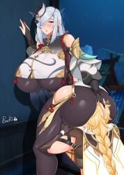 1boy 1girls aether_(genshin_impact) ass ass_sniffing blush breasts clothing female female_on_top femdom fully_clothed genshin_impact head_in_ass huge_ass huge_breasts human kneeling male male/female pondbs shenhe_(genshin_impact) standing voluptuous