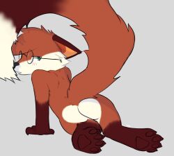 ass blush brown_body brown_fur canid canine eyewear ferrissimulator fox from_behind_(disambiguation) fur glasses hi_res looking_back male mammal paws red_body red_fur solo tagme tail white_body white_fur