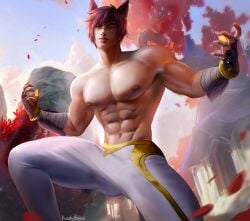 1boy abs animal_ears bishonen clothing fingerless_gloves gasaiv gloves kodogasai league_of_legends looking_at_viewer looking_down looking_down_at_viewer low-angle_view male male_focus male_only manboobs muscles muscular muscular_male nipples pants pecs purple_hair scar sett solo solo_male topless vastaya yellow_eyes