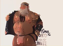 1boy 1male bara bara_tiddies bara_tits barazoku beefy belly big_arms big_belly big_bulge big_pecs big_tummy blank_background bulge facial_hair fang_(our_flag_means_death) jockstrap koko2unite leather_jacket male_only muscular_arms muscular_thighs nipples our_flag_means_death pirate pourwatter shiny_skin solo solo_male syalanko taking_off_jacket tattoos thick_ass thick_thighs tooth_necklace tummy underwear