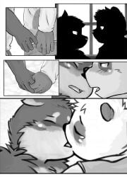 2010 anthro blush canid canine canis clothing comic domestic_dog duo gazpacho genitals giant_panda hand_holding hi_res humanoid_genitalia humanoid_hands humanoid_penis kissing male male/male mammal overweight overweight_male penis shirt topwear ursid