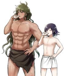 2boys danganronpa danganronpa_v3 dark_skin drinking gokuhara_gonta green_hair male male_only muscular ouma_kokichi pale_skin purple_hair size_difference straight_hair topless wet wet_skin yonekiti_ronpa