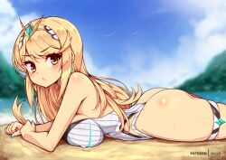 :o ass big_ass big_breasts blonde_hair blush breast_press breasts covered_nipples cowboy_shot earrings jewelry large_breasts long_hair looking_at_viewer lying mythra mythra_(radiant_beach)_(xenoblade) on_stomach outdoors sideboob skindentation swimsuit the_pose tiara virus-g xenoblade_chronicles_(series) xenoblade_chronicles_2 yellow_eyes