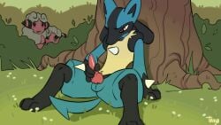 2022 ambiguous_gender animated anthro balls blush canid canine canis chest_spike flaaffy fur furry furry_only genitals group knot lucario male male_focus masturbation nintendo penile penile_masturbation penis plant pokemon pokemon_(species) short_playtime shrub solo_focus spikes spikes_(anatomy) tail tavyapl tree video_games