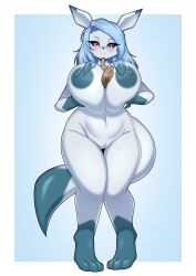 anthro anthrofied big_breasts blush breasts eeveelution female frozen_yoghurt fur furry furry_only glaceon grabbing_own_breast hi_res huge_breasts large_breasts naked nintendo nude pokémon_(species) pokemon pokemon_(species) pussy standing tagme tail tailzkim thick_thighs