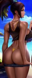 1girls ass ass_focus beach big_breasts bikini black_hair dragon_ball dragon_ball_super female female_only golden kale panties solo yellow_thong